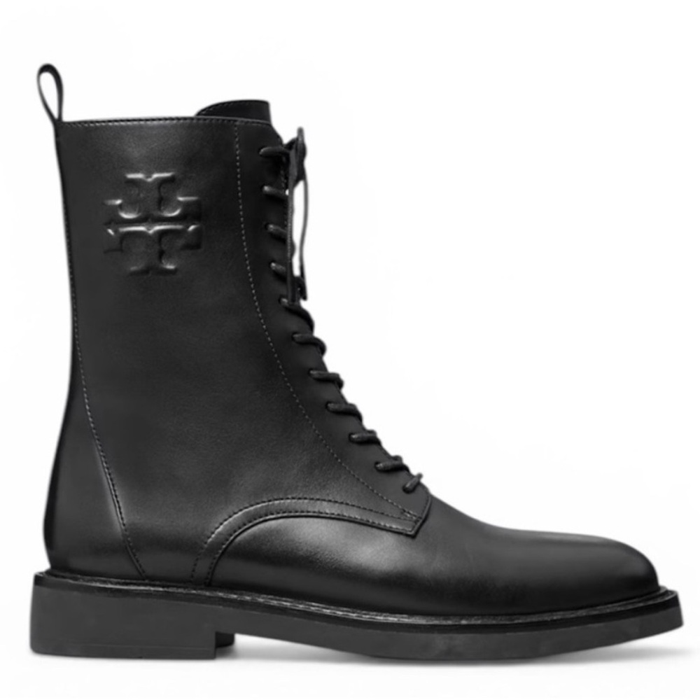 Tory Burch Black Leather Lace-Up Combat Boot with Embossed Logo